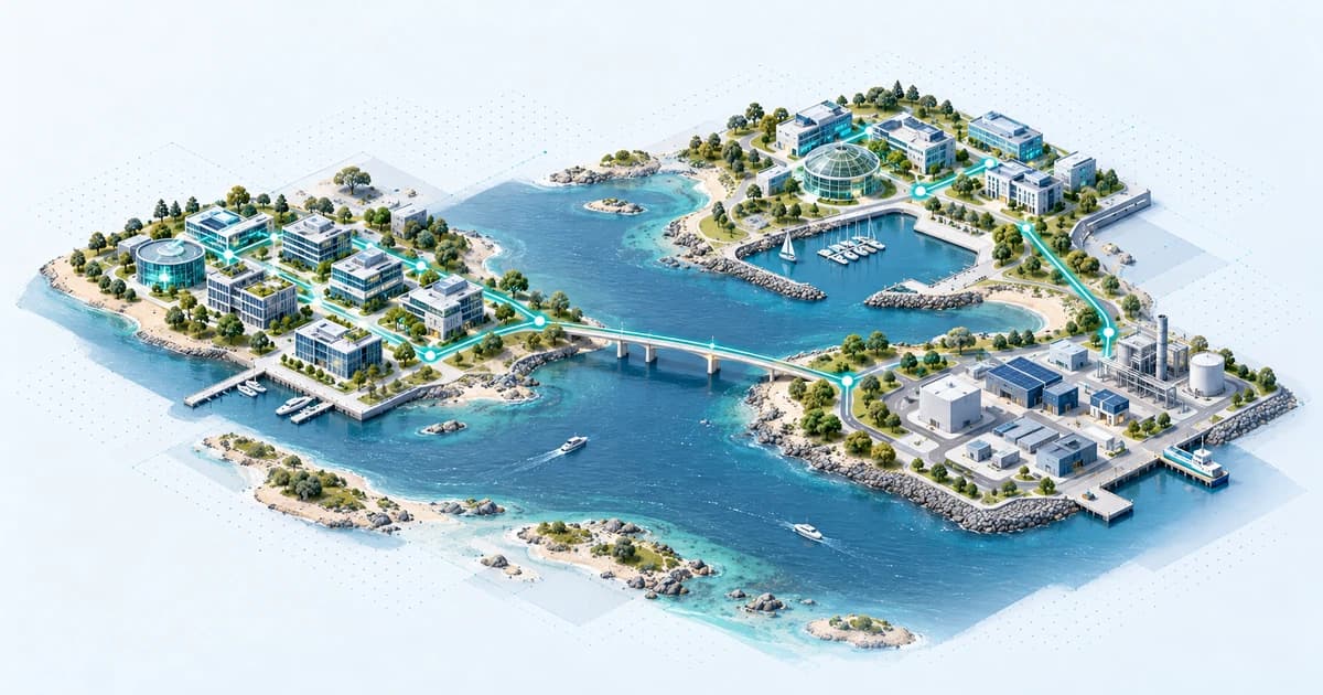 Two low coastal landforms connect Danish-inspired software, life-science and industrial climate campuses across a narrow sound.