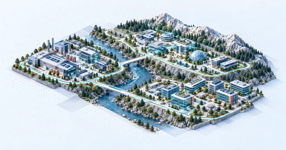 A river valley connects industrial, scientific and software campuses beneath a low alpine ridge.