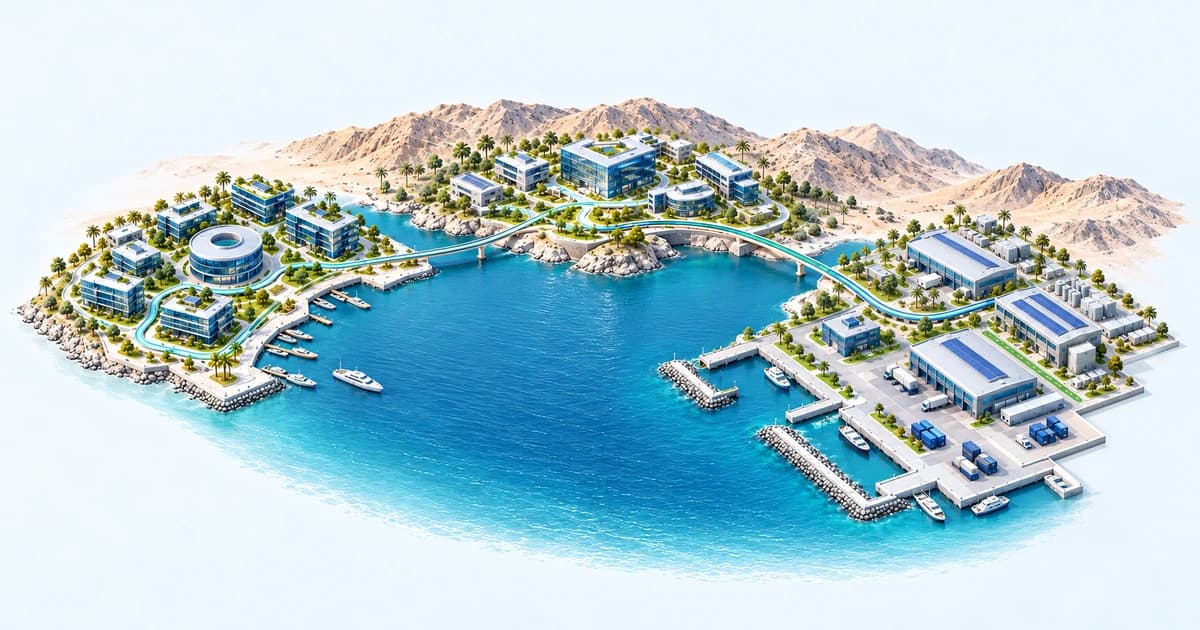 A conceptual Oman-inspired bay linking early-stage, technology and industrial campuses.