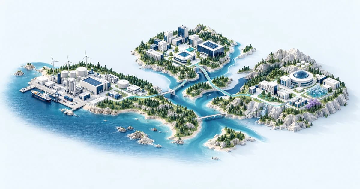 French software, life-science and industrial-climate campuses connected across a branching river landscape