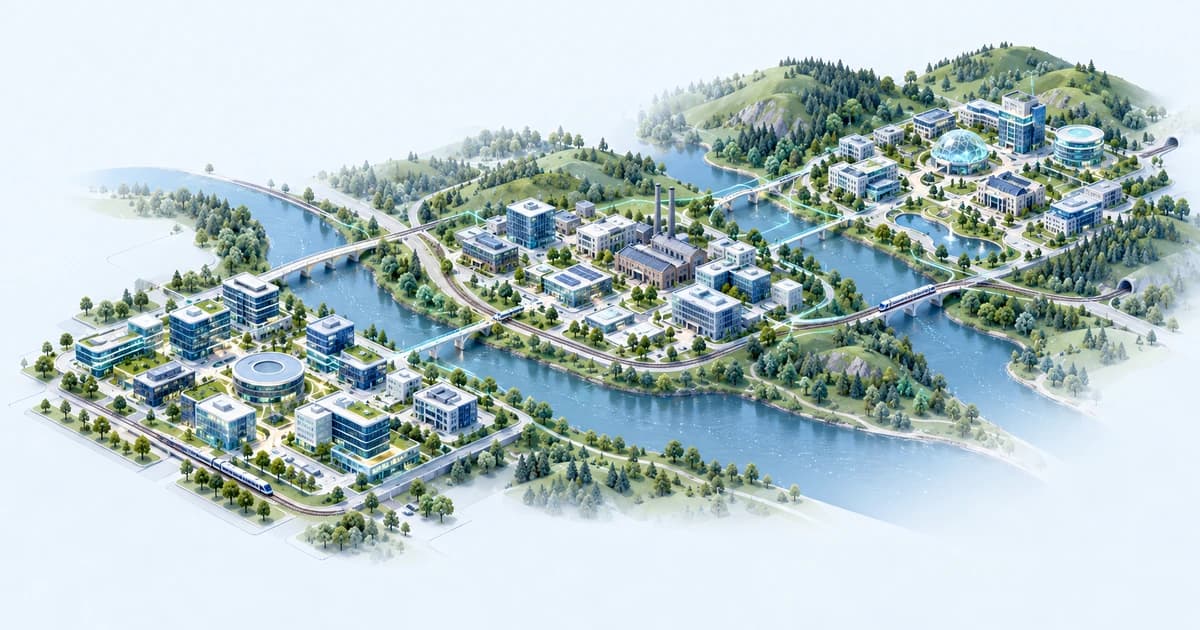 Three conceptual river-linked technology, science and industrial districts.