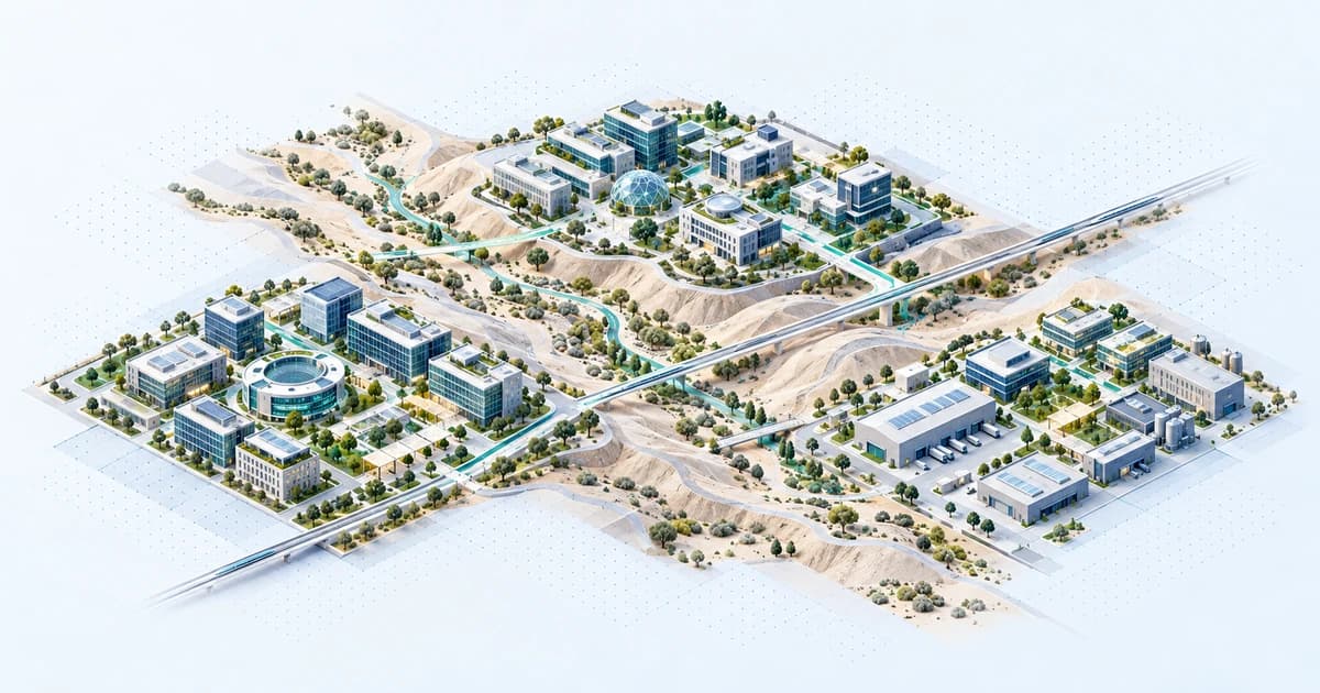 A conceptual Middle Eastern-inspired valley linking software, science and enterprise campuses.