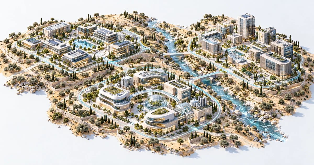 A conceptual Cyprus-inspired inland landscape connecting computing and research campuses.