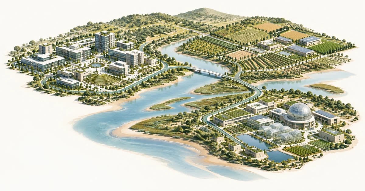 A conceptual Morocco-inspired estuary linking enterprise, food-systems and climate campuses.