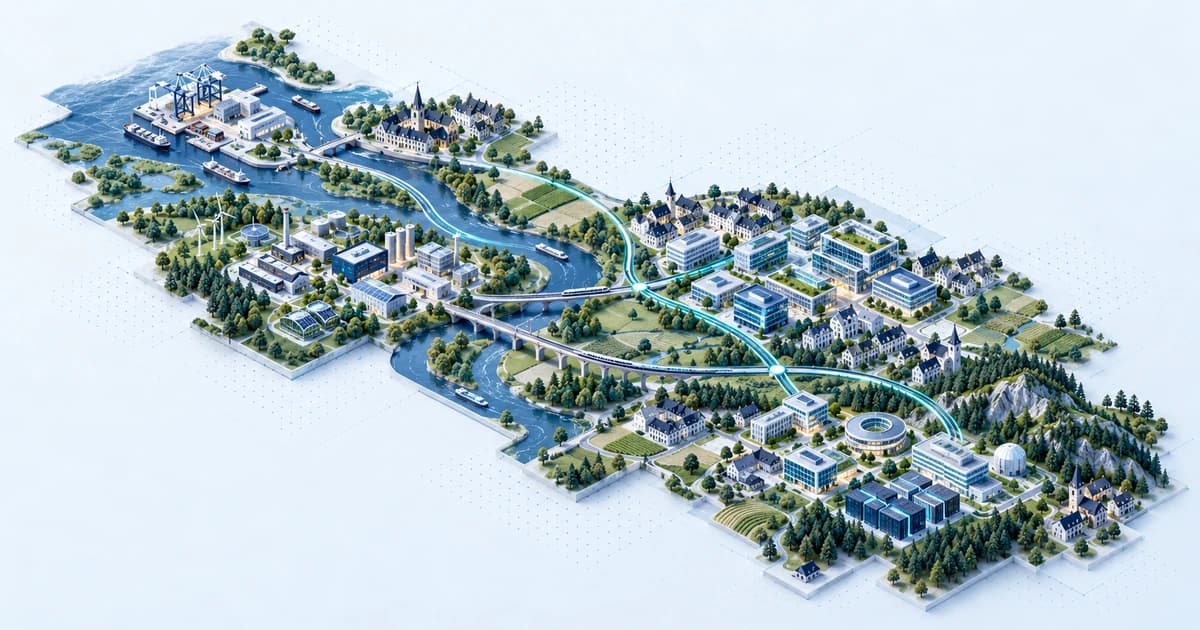 Illustrative German technology ecosystems connected across a river valley and southern foothills
