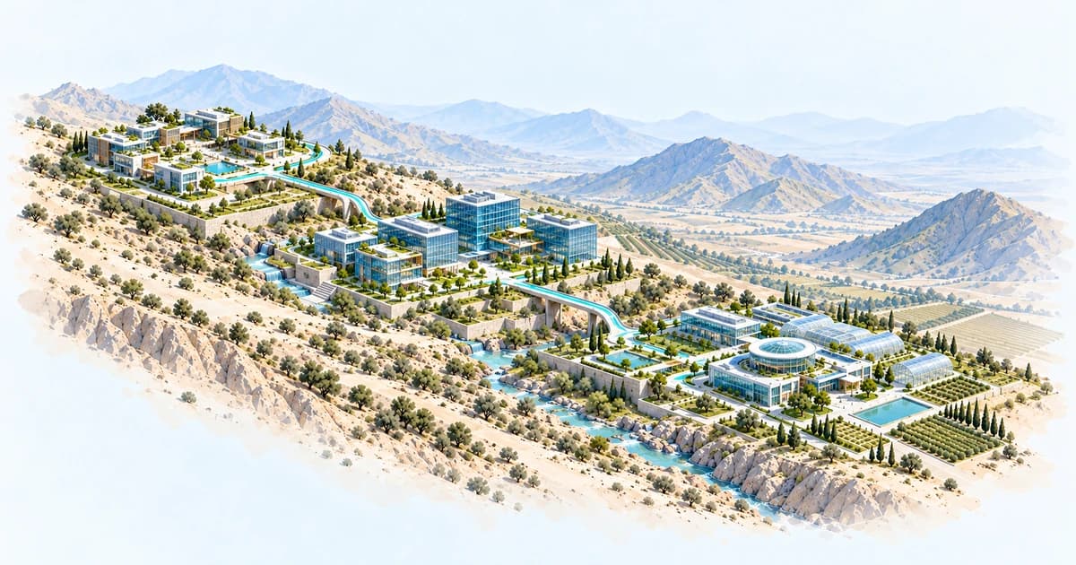 A conceptual Jordan-inspired valley linking founder, research and enterprise campuses.