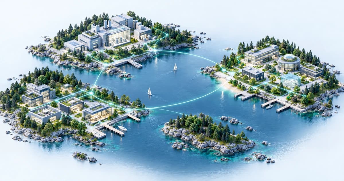 Three conceptual Baltic-inspired coastal research and software districts around a sheltered bay.