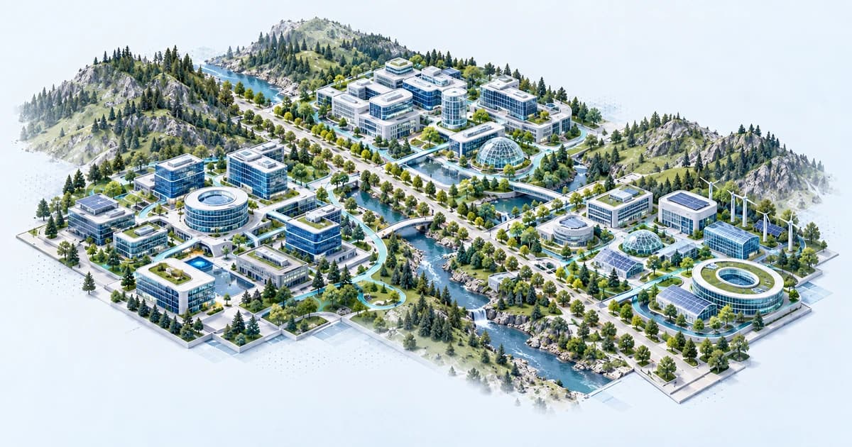 A conceptual Bulgarian-inspired valley connecting software and research campuses.