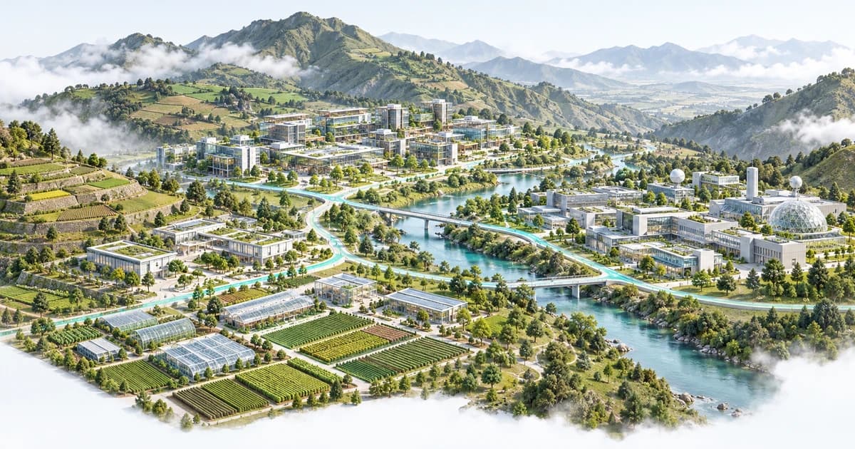 A conceptual Ecuador-inspired highland basin connecting agricultural and research campuses.