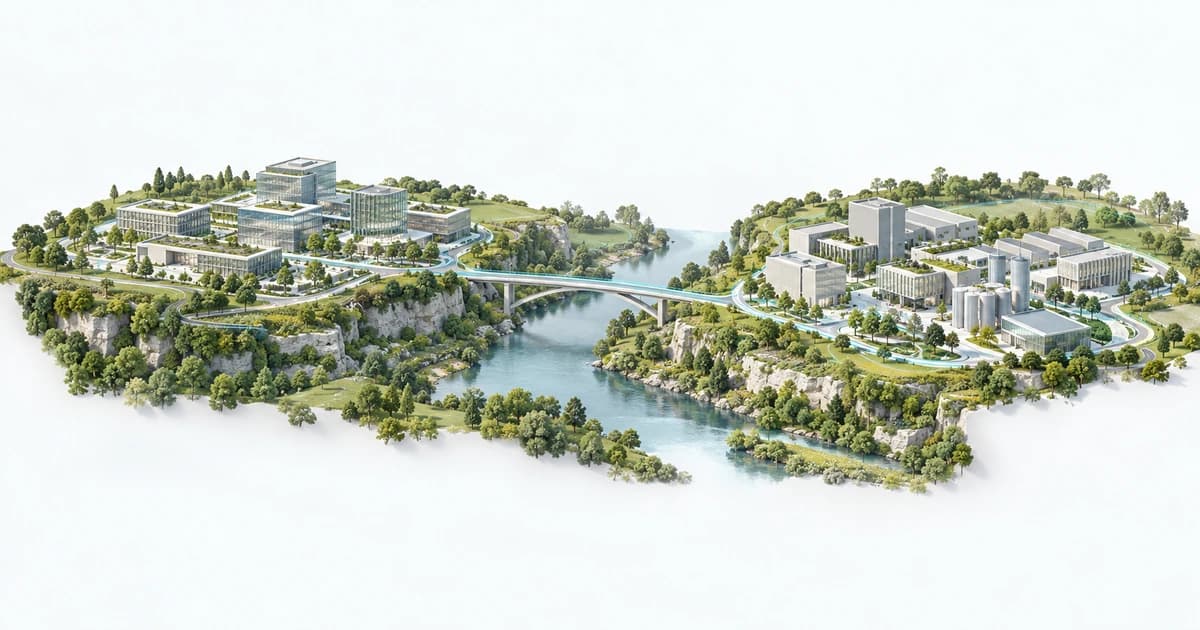 A conceptual Luxembourg-inspired wooded river valley linking technology and research campuses.