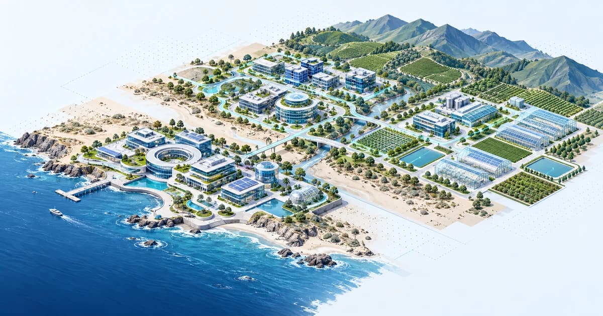 A conceptual Peruvian-inspired coastal and foothill ecosystem connecting research and enterprise campuses.