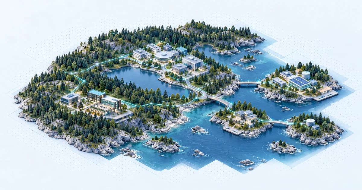 A forested mainland and three coastal islets link Swedish-inspired software, life-science and climate campuses.