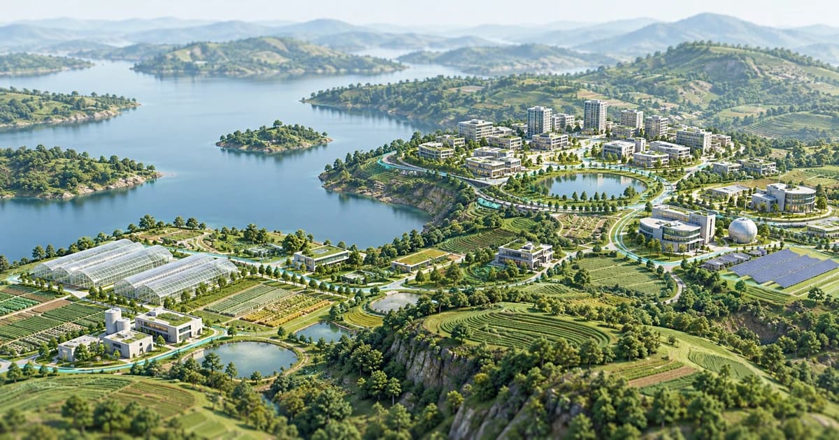 A conceptual Uganda-inspired lake basin connecting agricultural and energy research campuses.