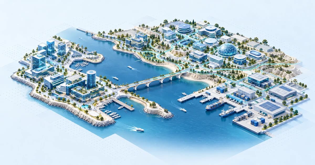 A conceptual Gulf inlet connecting software, energy research and logistics campuses.