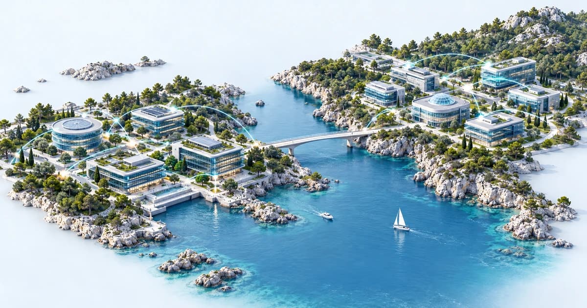 A conceptual Croatian-inspired sheltered inlet linking software and science campuses.