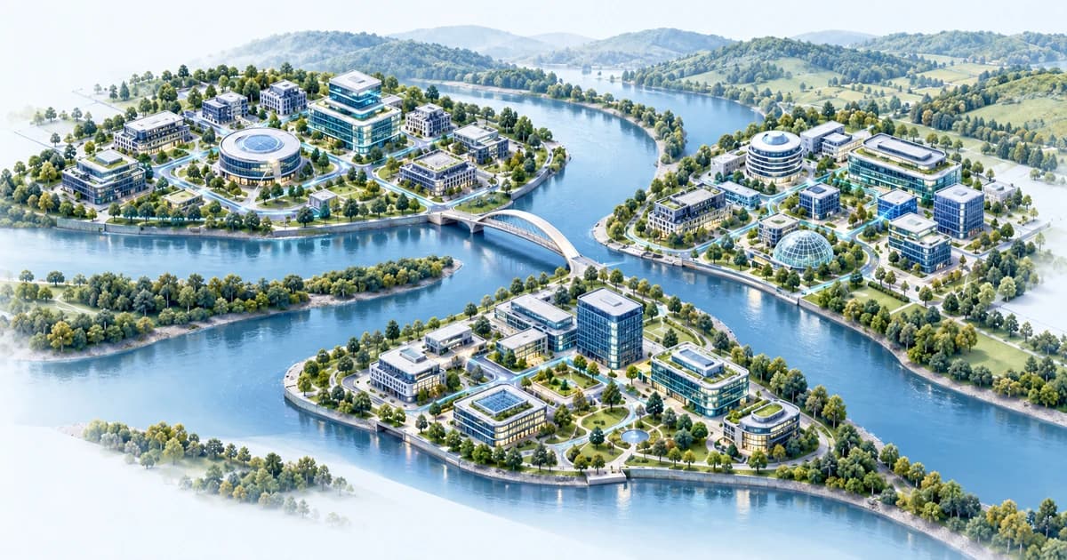 A conceptual Serbian-inspired river confluence linking enterprise and research campuses.