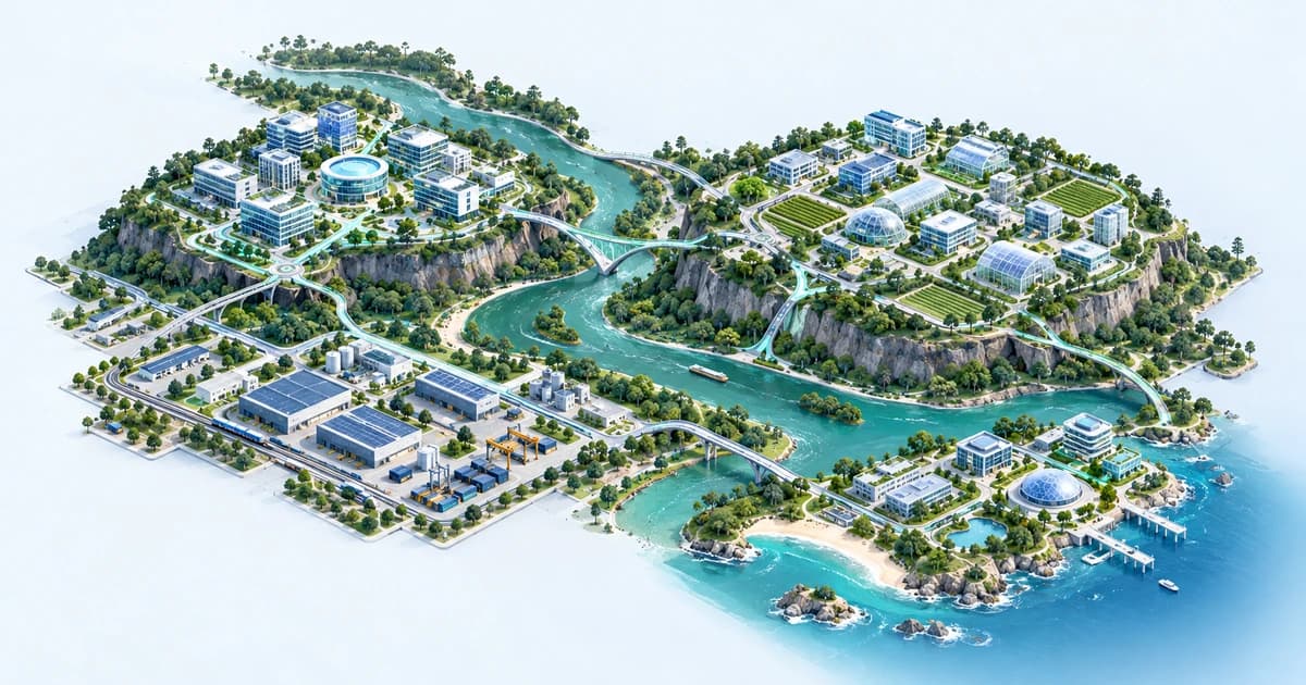 A conceptual South American river system linking enterprise, biotechnology and logistics campuses.
