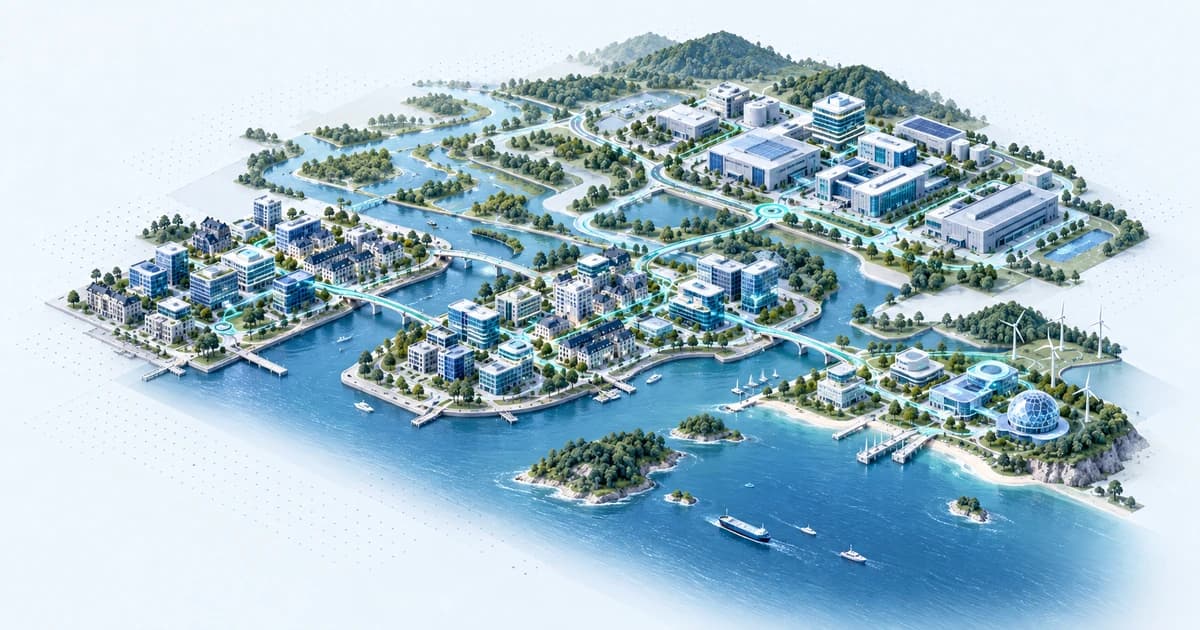 A conceptual Vietnamese-inspired river delta linking software, manufacturing and climate innovation campuses.