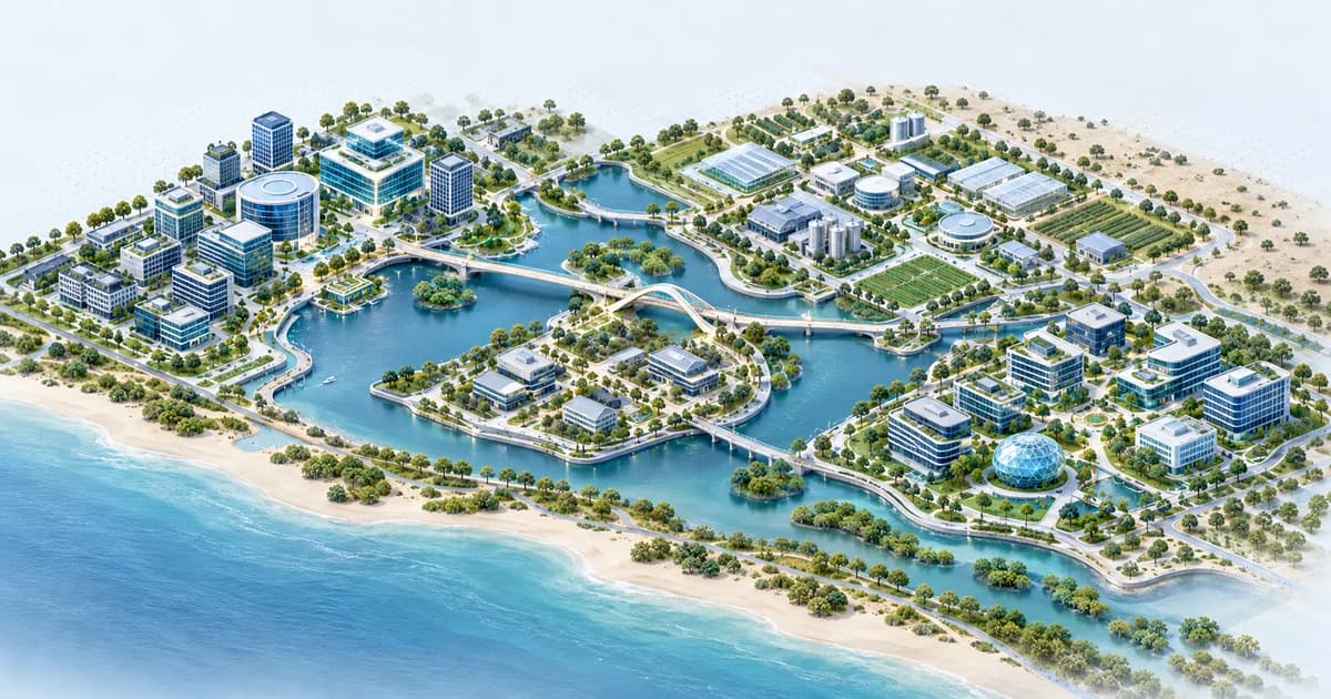 A conceptual Ghana-inspired lagoon connecting financial, food-system and technology campuses.