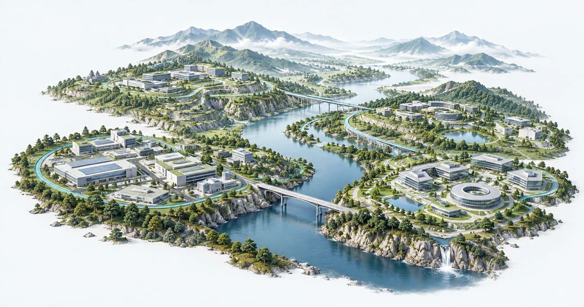 A conceptual China-inspired inland corridor connecting research, software and engineering campuses.