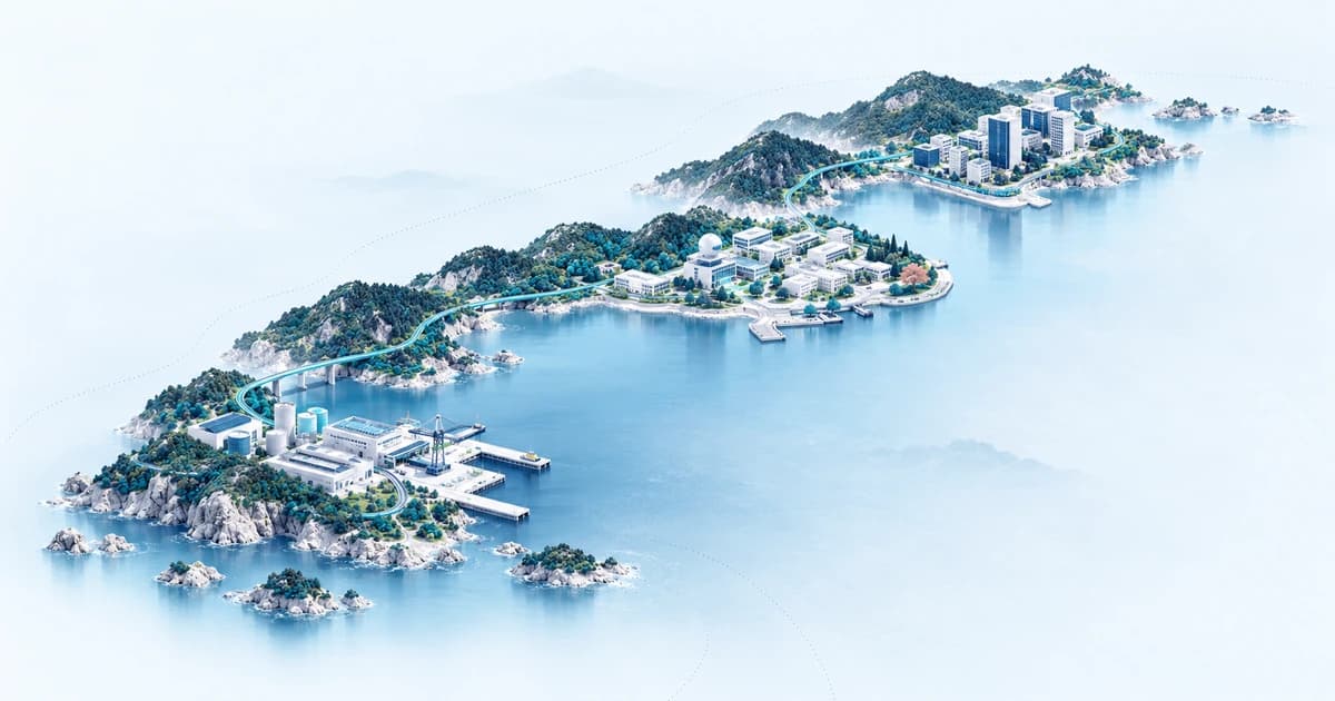 Japanese enterprise, scientific research and engineering campuses linked along a narrow curved coastal landscape