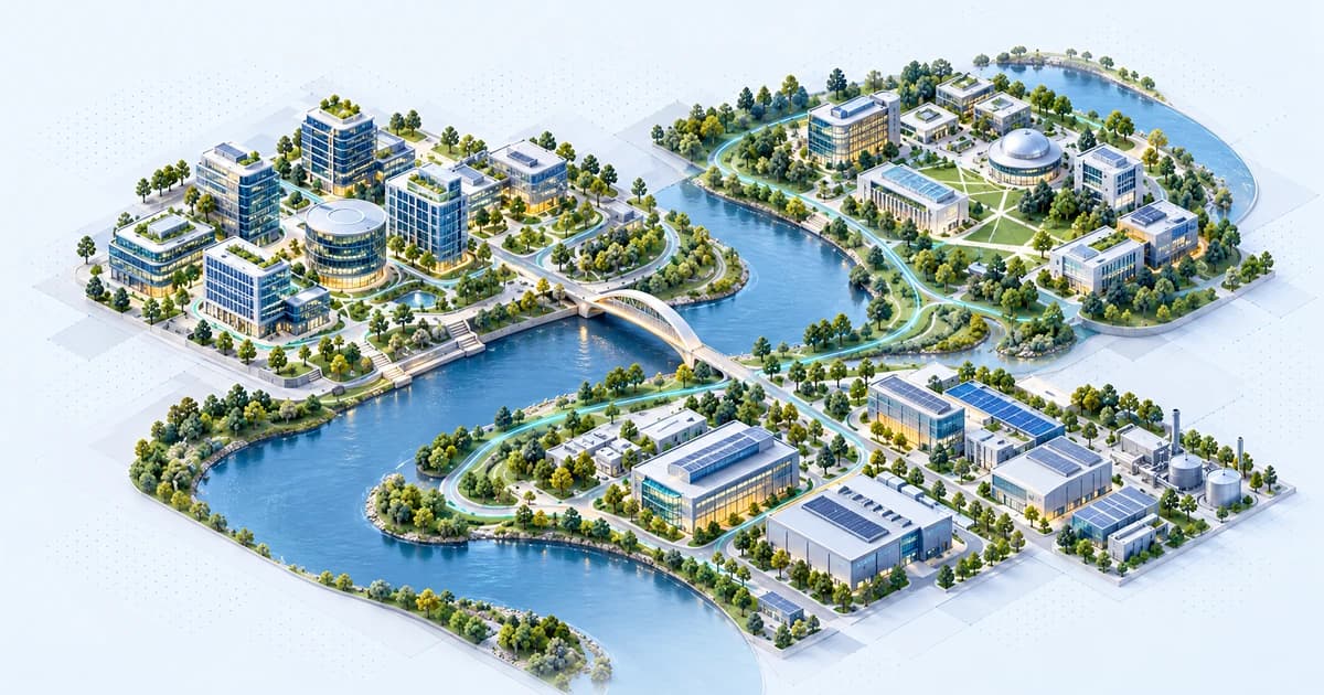 A conceptual Hungarian-inspired riverbend connecting software, university research and industrial campuses.