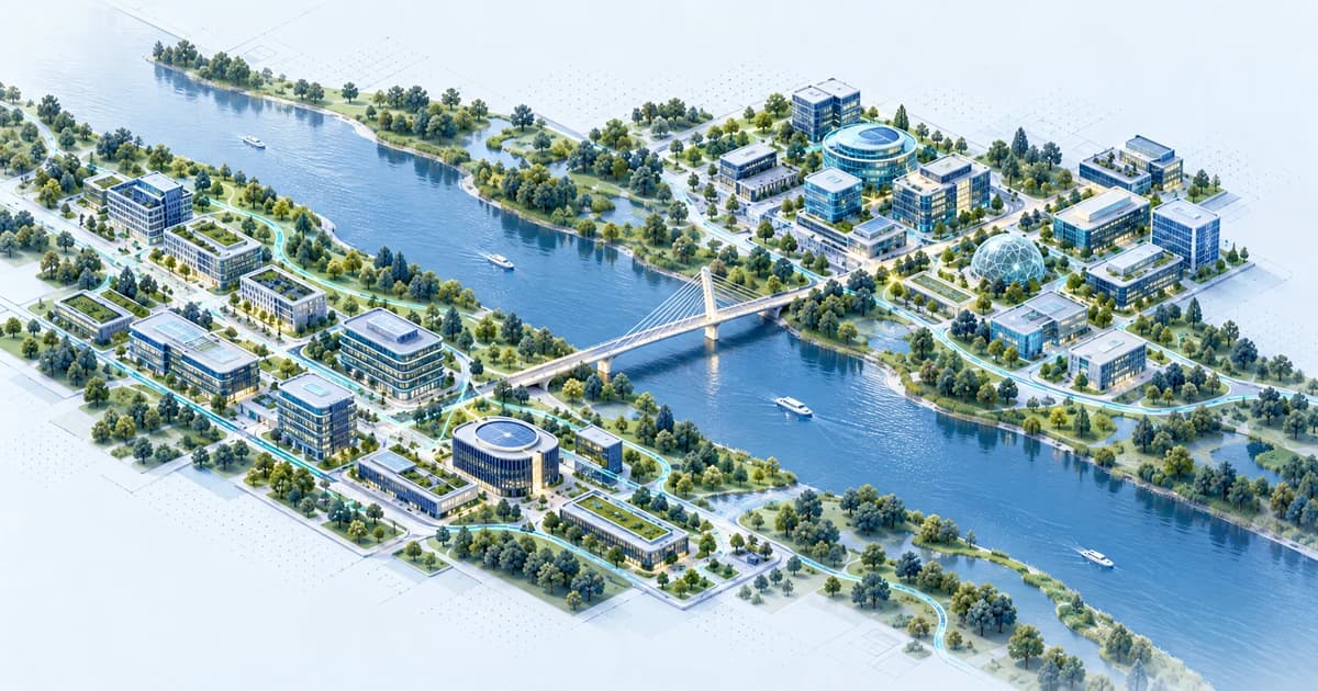 A conceptual Ukrainian-inspired river landscape connecting software and research campuses.