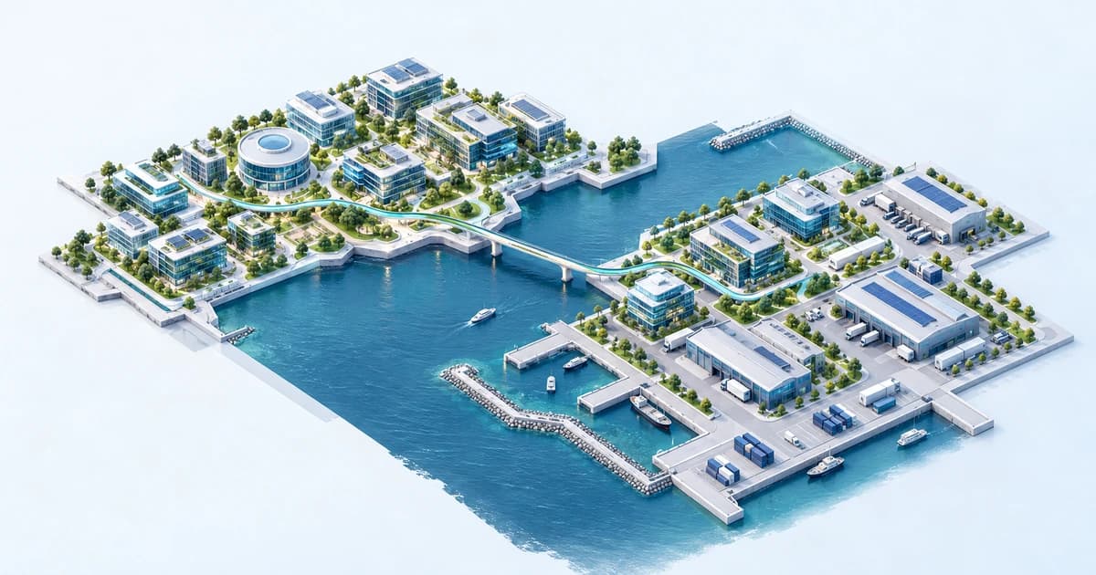 A conceptual Qatar-inspired coastal inlet linking technical research and enterprise campuses.