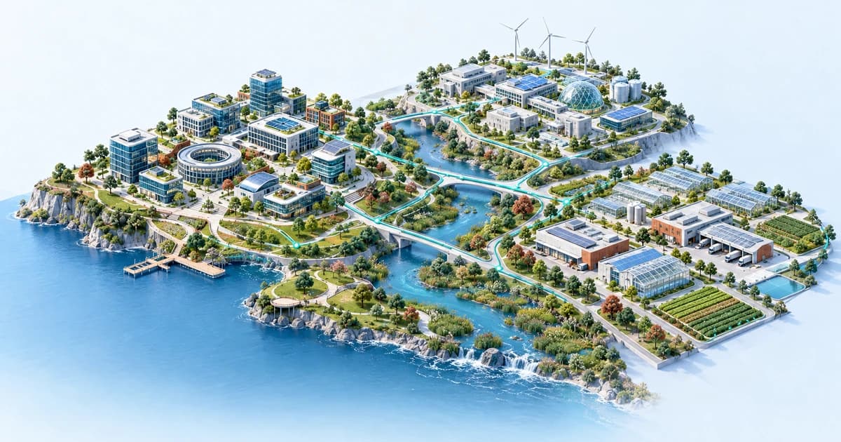 A conceptual East African lake and river ecosystem with enterprise, climate and food-system research districts.