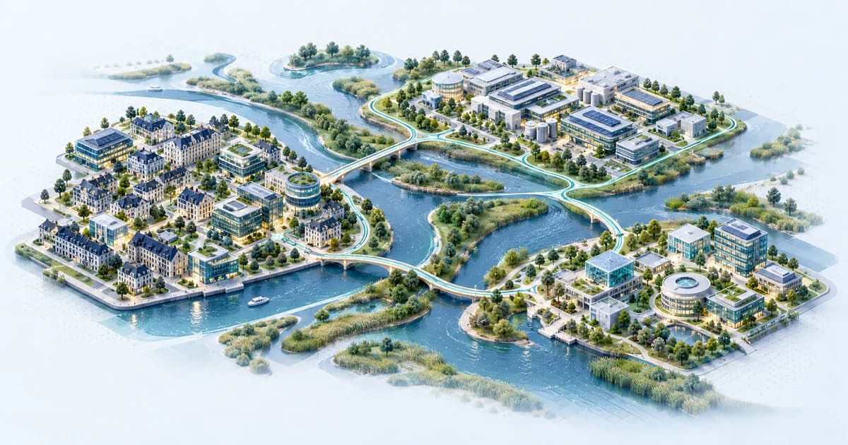 A conceptual Latvian-inspired river-delta innovation ecosystem with software and industrial research districts.