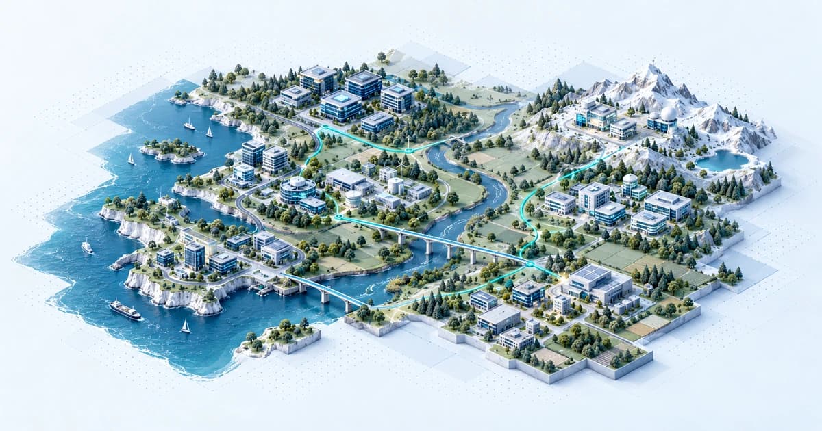 Separate European technology clusters linked selectively across a coastal and alpine landscape