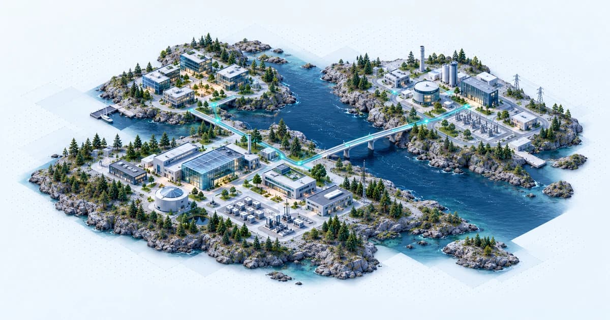 Three rocky lake shelves link early software workspaces, precision-science buildings and industrial energy testing through teal investment pathways.
