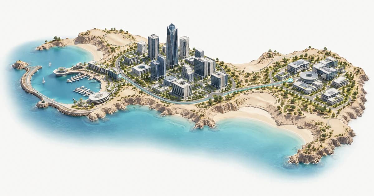 A conceptual Kuwait-inspired coastal harbor and inland innovation campus connected by a teal route.