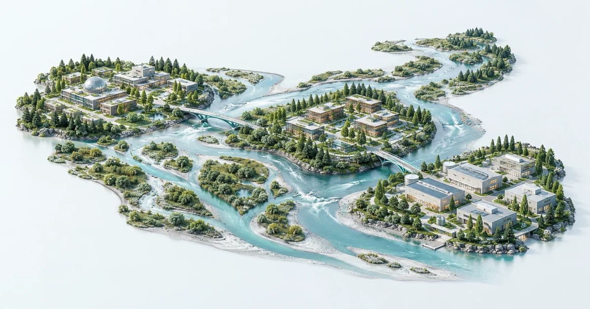 A conceptual Bangladesh-inspired river delta with research, software and industrial campuses.