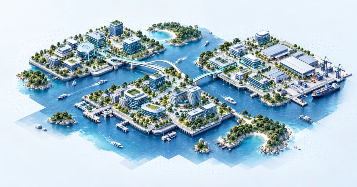 A conceptual Philippine-inspired coastal ecosystem connecting technology and logistics campuses.