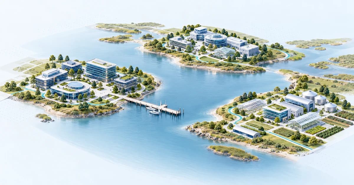 A conceptual Uruguayan-inspired estuary linking software, biotechnology and food-system campuses.