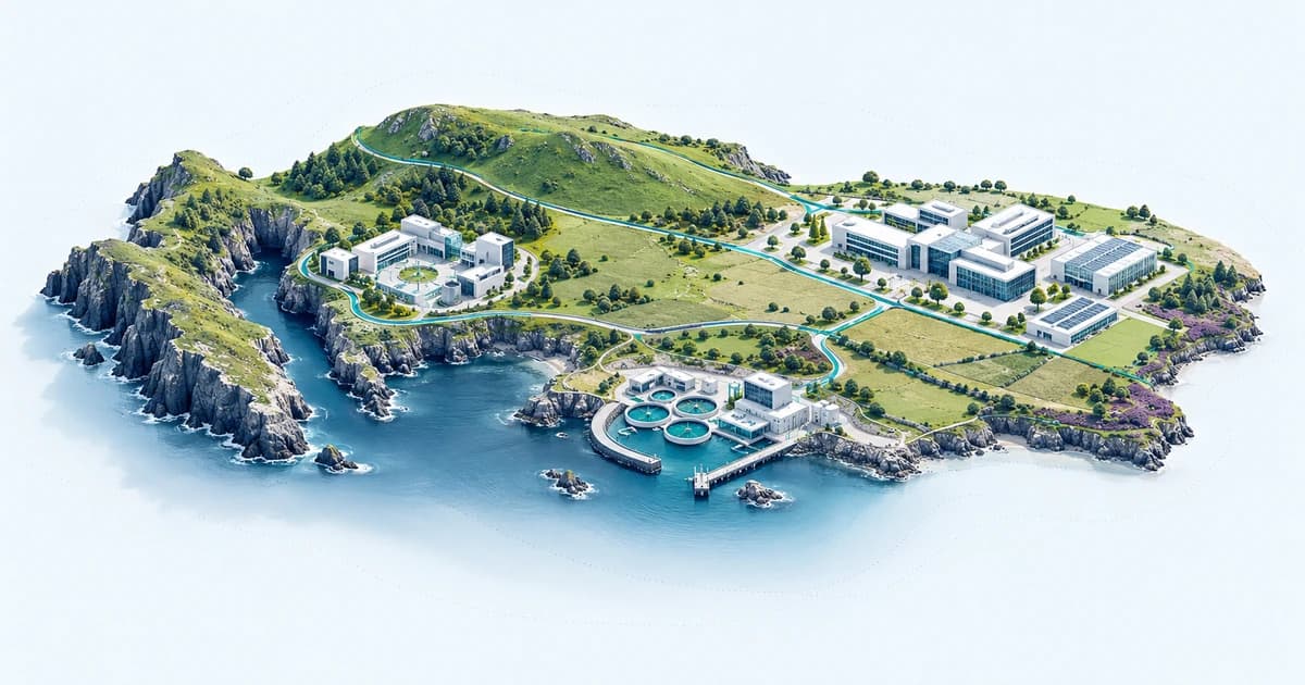 Software, life-science and marine-technology campuses linked across a low green landscape with a narrow western inlet