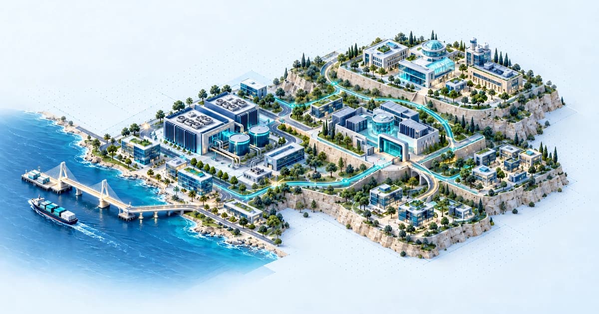 A pale coastal technology ecosystem links early company workspaces, secure enterprise infrastructure and a raised science campus through teal capital routes.
