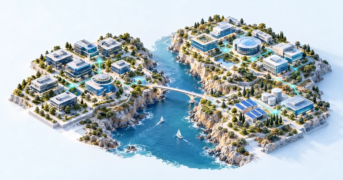 Two conceptual Iberian-inspired terraces link enterprise, health and energy research across an estuary.