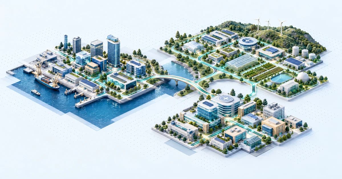 An Africa-inspired network of distinct urban, research and energy campuses linked by teal pathways.