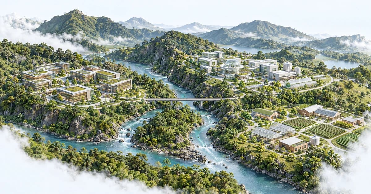 A conceptual Costa Rica-inspired river valley connecting software, science and agricultural campuses.