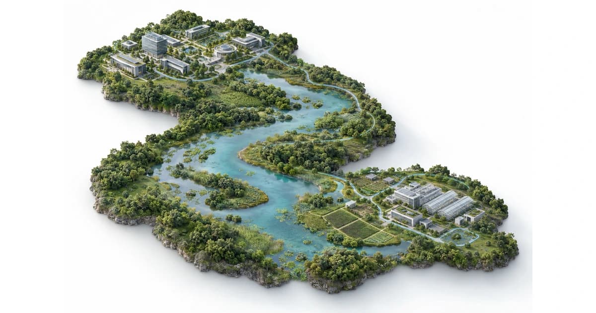 A conceptual Panama-inspired green watershed linking software and agricultural-research campuses.