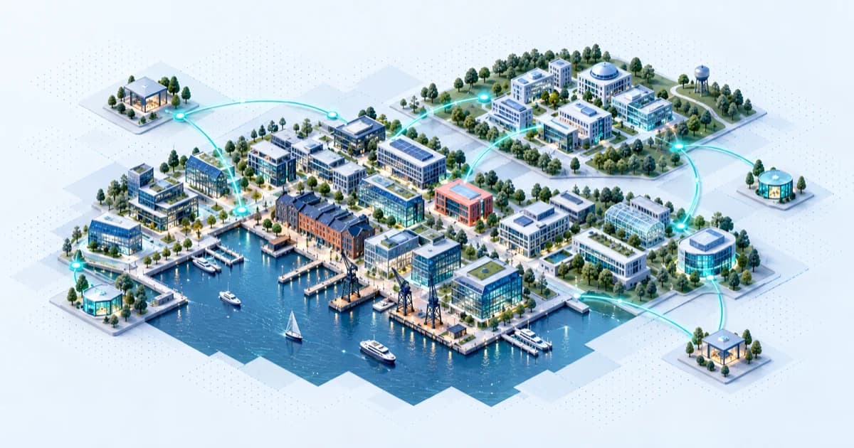 A harbor inlet connects enterprise workshops with inland research blocks and wider funding pavilions.