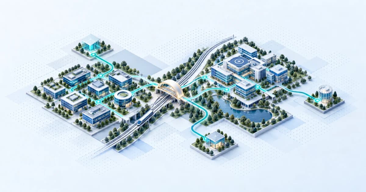 A rail corridor links company offices, a healthcare campus and regional investor pavilions.