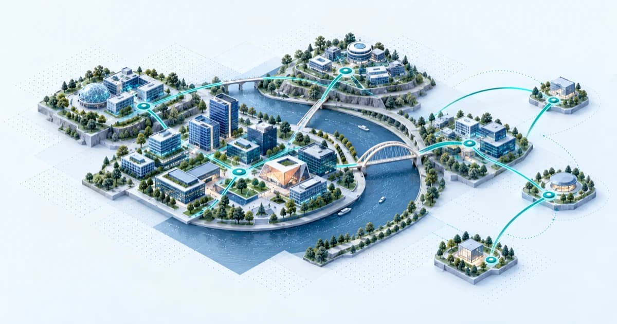 A river bend links technology labs and enterprise offices with separate outer investment pavilions.