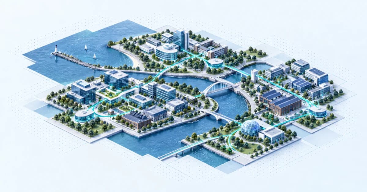 A lakeshore and winding river connect healthcare research, software offices and early-company workshops.