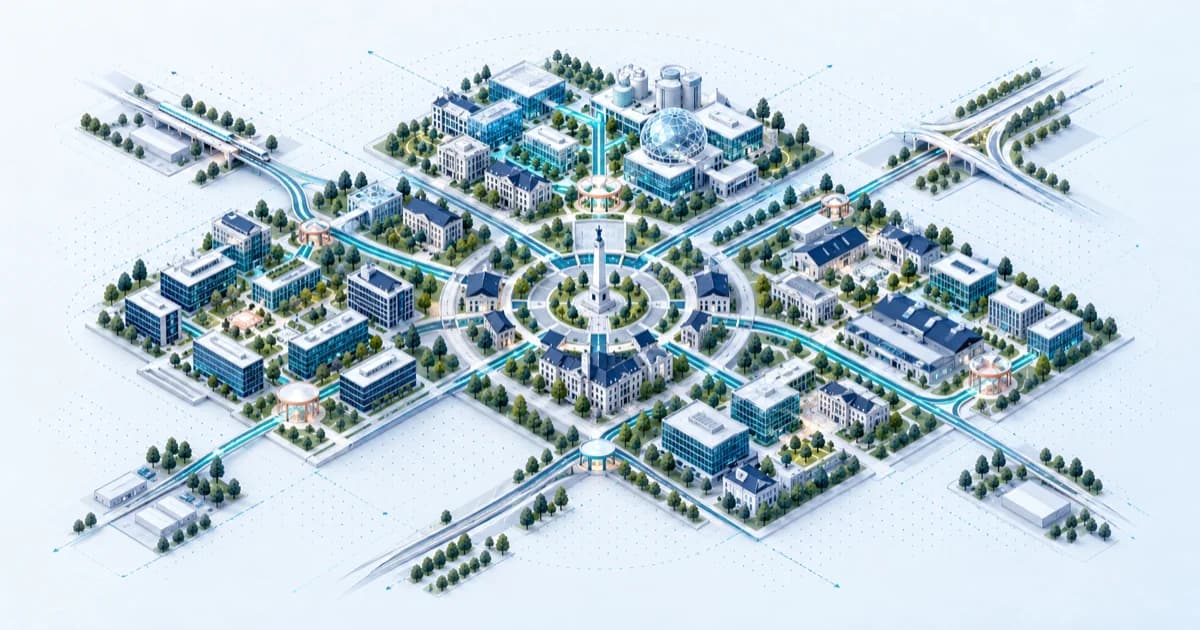 A radial company district connects software courtyards and research labs with outward regional lanes.