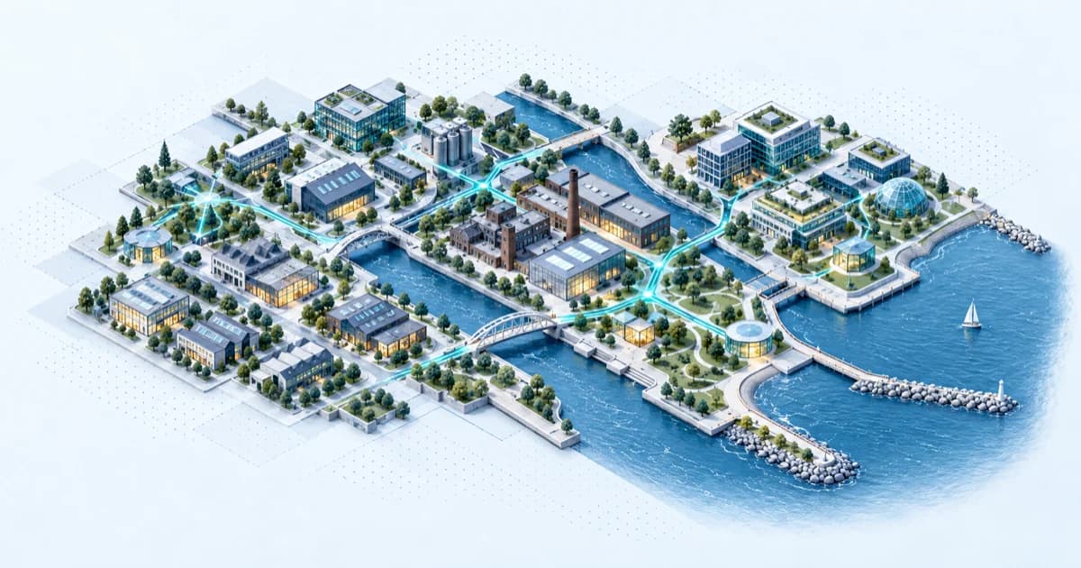 A lakefront factory and research quarter connects early company workshops through teal routes.