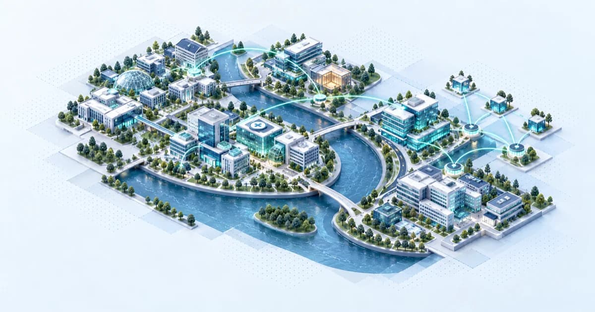 A river bend connects clinical research buildings, healthcare operations and enterprise workspaces.