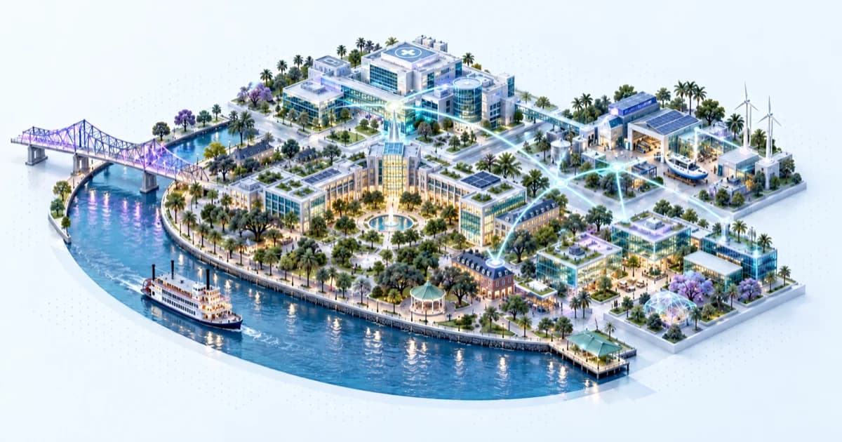 A crescent river links a clinical campus, an energy prototype workshop and technology company courtyards.